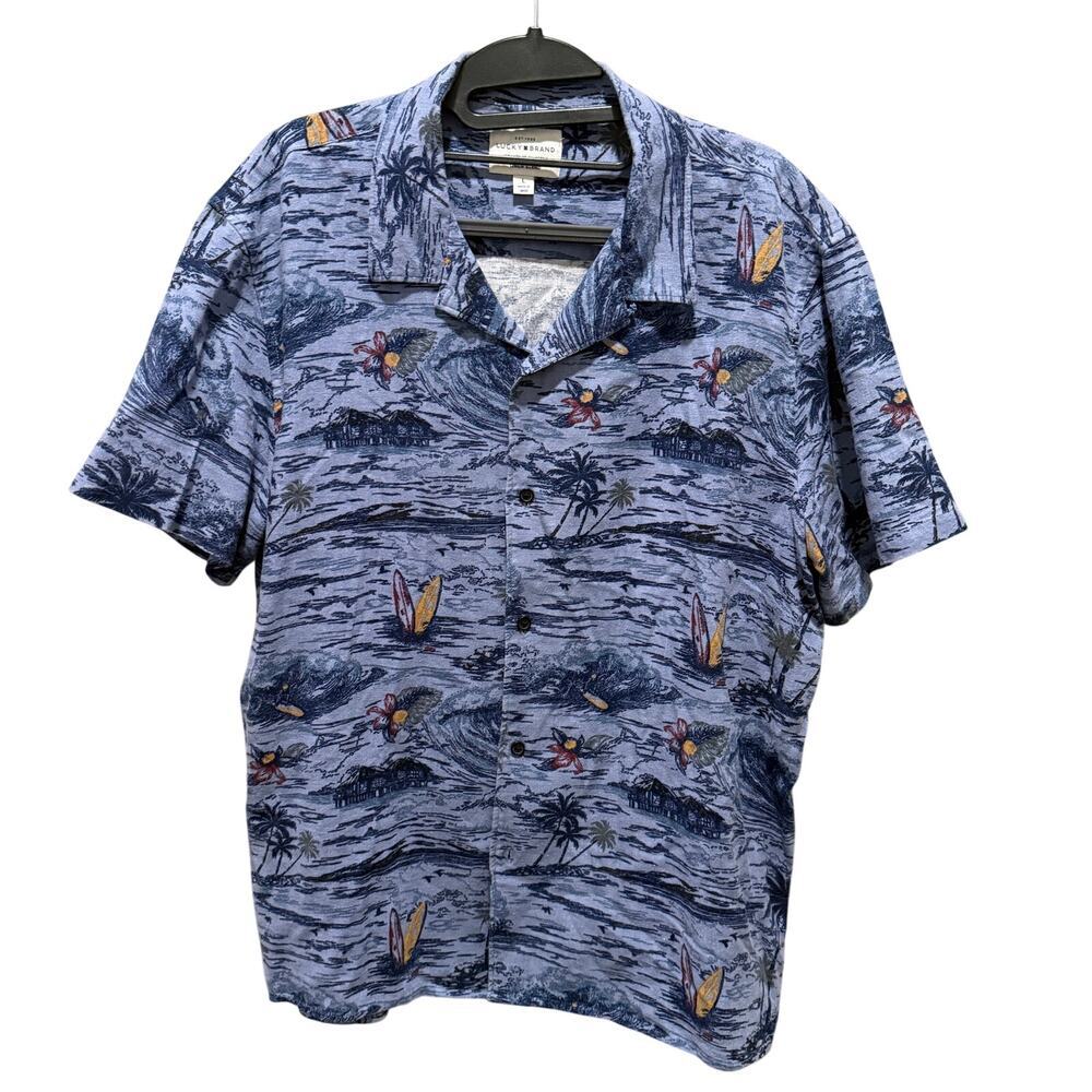 Lucky Brand Linen Blend Hawaiian Camp Shirt Blue Surf Print Men Large Dad Resort